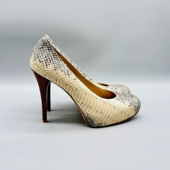 Stuart Weitzman Shoes Womens 6 Ivory Leather Pump Snake Embossed Stiletto Heels - Picture 1 of 11